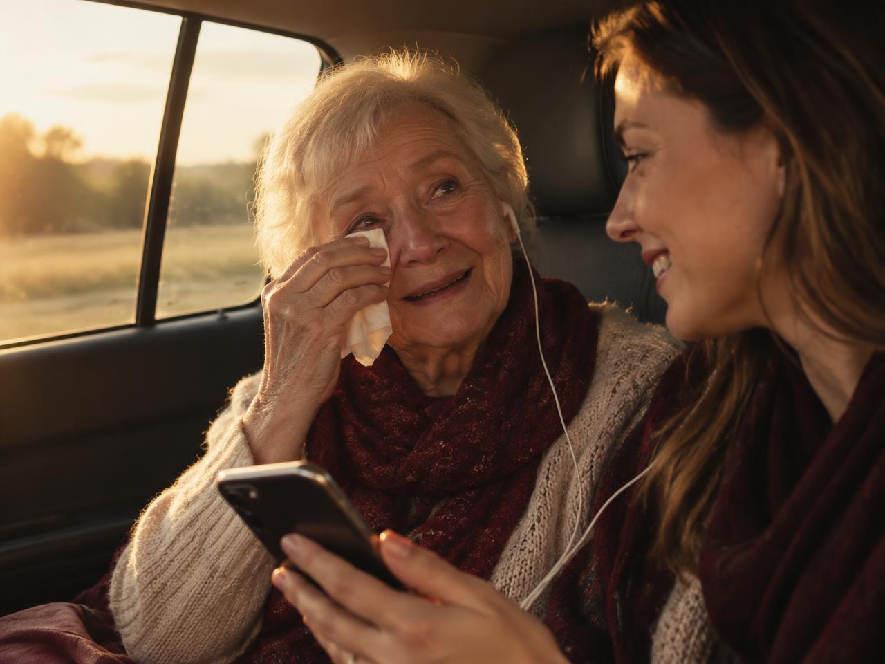 A woman hearing her custom song for the first time